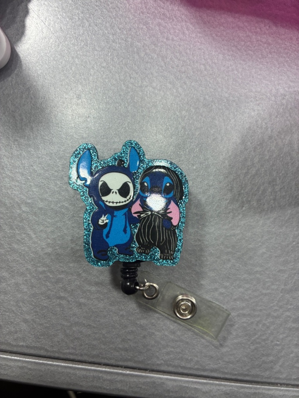 Blue Glitter Stitch Badge Reel with Jack Skellington Mashup